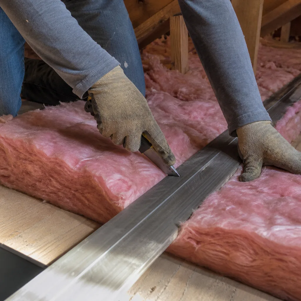 Professional cutting pink fiberglass insulation in an attic