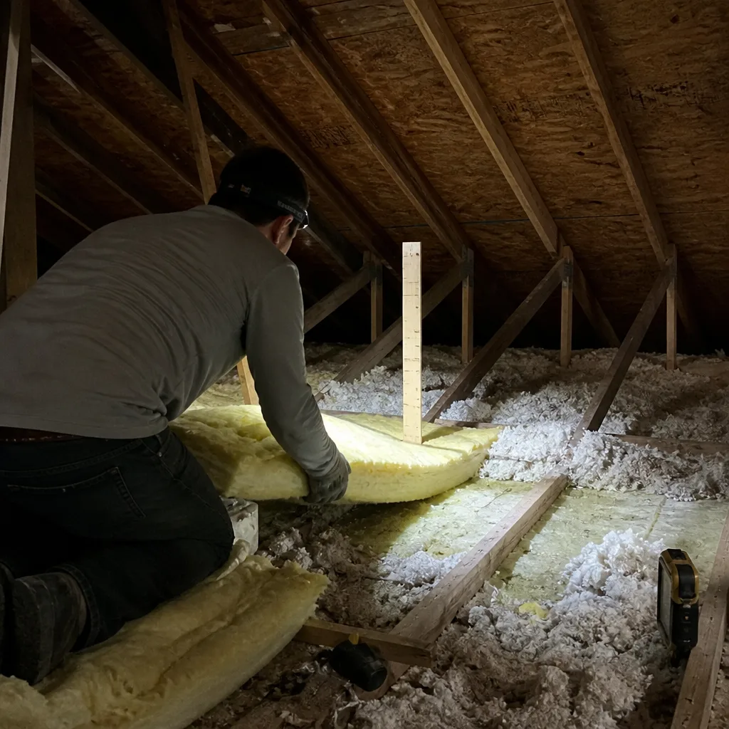 Technician installing fiberglass batt attic insulation in a wooden roof structure