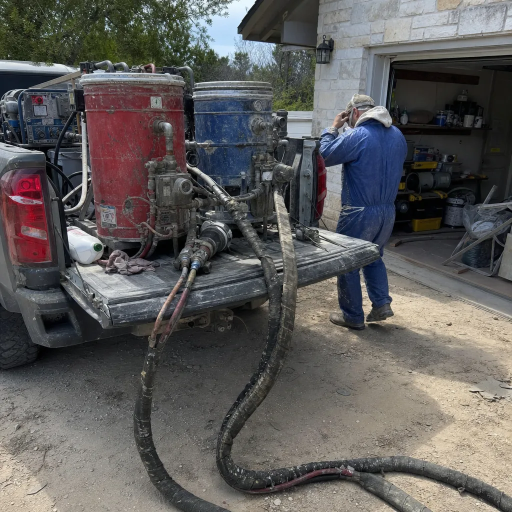 Technician preparing professional spray foam insulation equipment on a truck bed